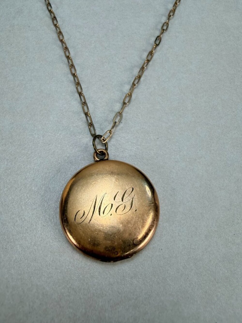 Vintage Gold Filled Round Locket Necklace Engraved M.E. Mid Century Estate